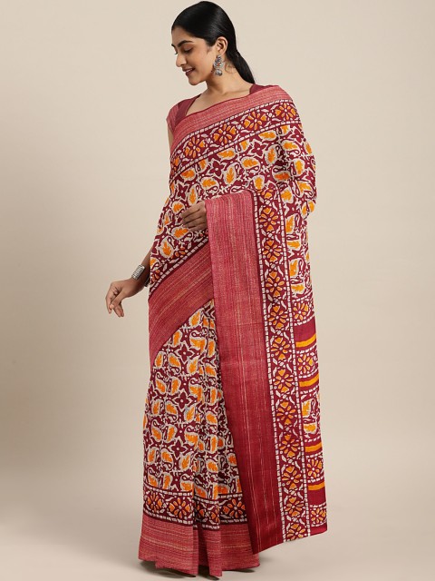 

KALINI Brown & Red Linen Blend Printed Saree