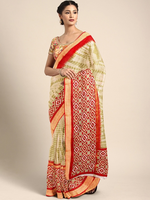 

KALINI Beige & Green Linen Blend Printed Saree