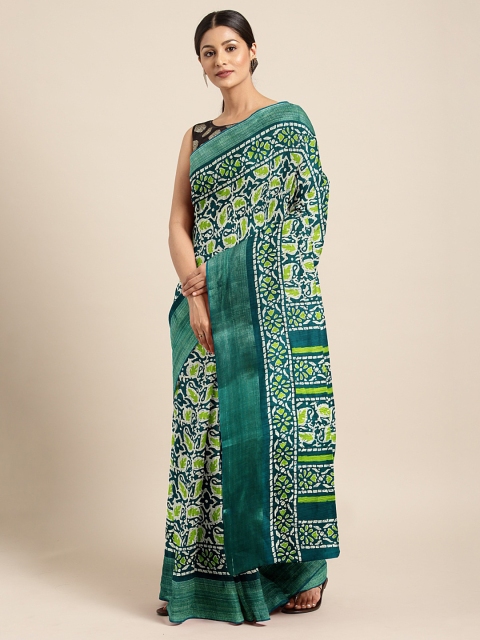 

KALINI Green & Off-White Linen Blend Printed Saree