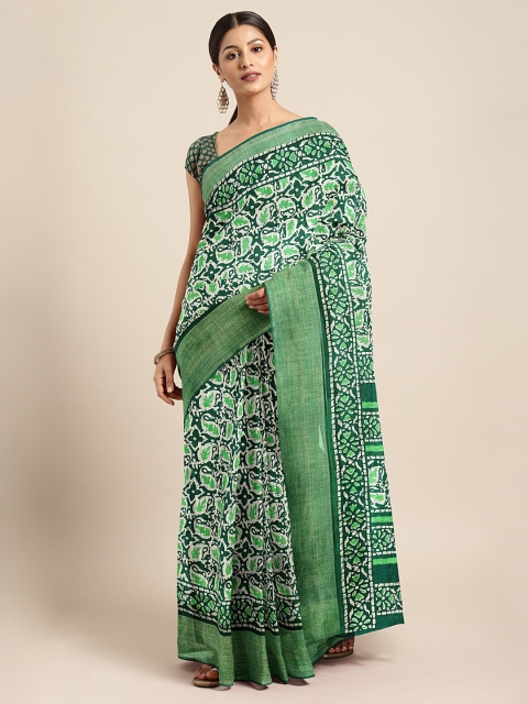 

KALINI Green & Off-White Linen Blend Printed Saree