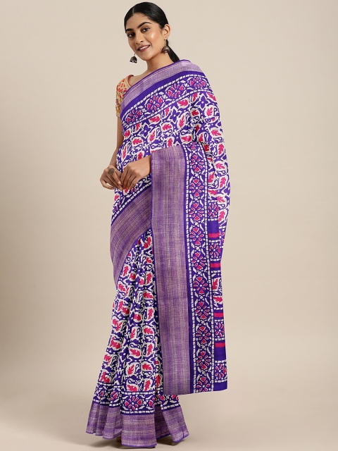 

KALINI Blue & Red Linen Blend Printed Saree