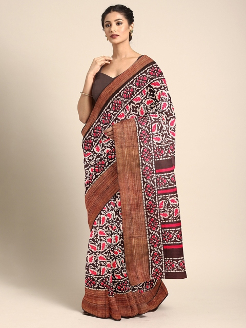 

KALINI Brown & Pink Linen Blend Printed Saree