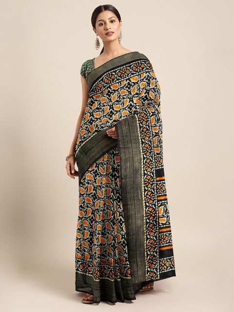 

KALINI Black & Orange Linen Blend Printed Saree