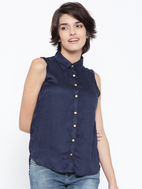 

Vero Moda Navy Polyester High-Low Semi-Sheer Shirt, Navy blue