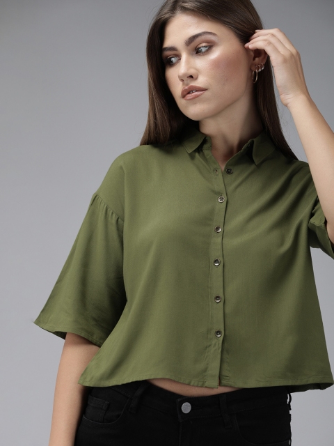 

The Roadster Lifestyle Co Women Olive Green Boxy Solid Cropped Casual Shirt