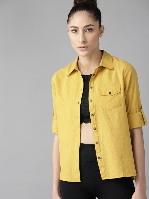 

The Roadster Lifestyle Co Women Mustard Yellow Pure Cotton Solid Casual Shirt