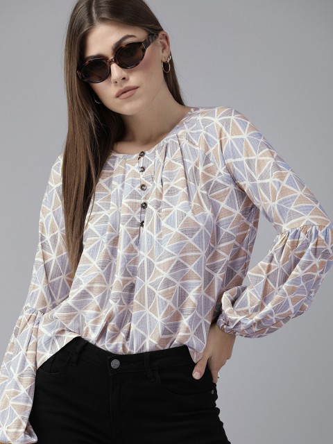 

Roadster Sustainable ECOVERO LENZING White & Yellow Printed Puff Sleeves Blouson Top