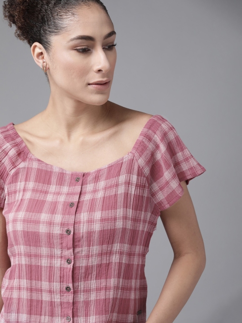 

Roadster Pink & White Cotton Checked Bardot Top