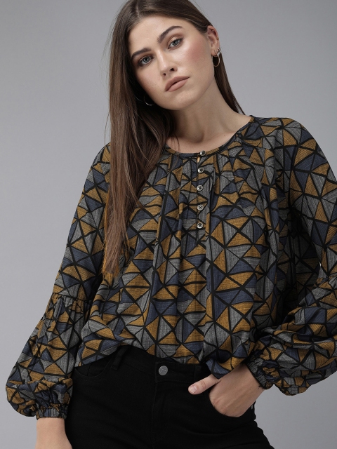 

The Roadster Lifestyle Co Sustainable ECOVERO LENZING Black & Yellow Printed Puff Sleeves Blouson Top