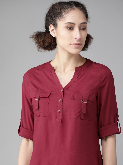 

The Roadster Lifestyle Co EcoVero Maroon Solid Mandarin Collar Roll-Up Sleeves Sustainable Top