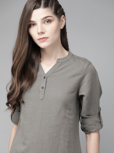 

Roadster Grey Cotton Linen Solid Mandarin Collar Top