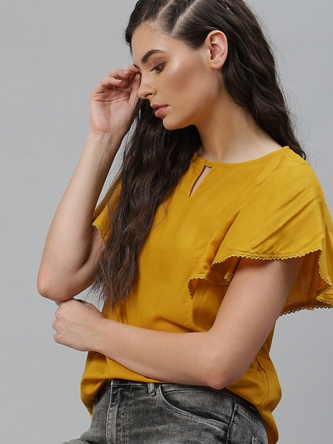 

The Roadster Lifestyle Co EcoVero Mustard Keyhole Neck Regular Top