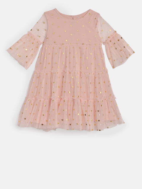 

mothercare Girls Pink Full Sleeves Sparkle Star Print Mesh A-Line Dress