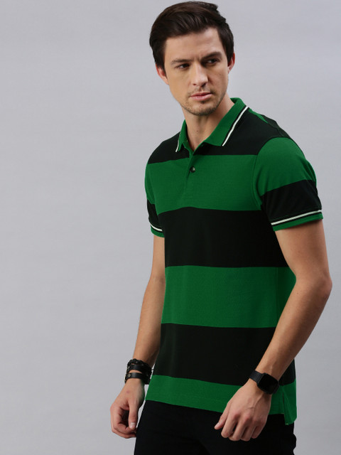 

The Roadster Lifestyle Co Men Green Black Striped Polo Collar Pure Cotton T-shirt