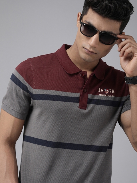 

Roadster Men Grey & Maroon Striped Polo Collar T-shirt