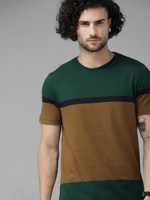 

Roadster Men Green & Olive Brown Colourblocked Round Neck T-shirt