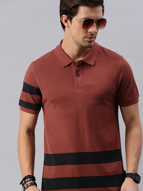 

Roadster Men Brown Black Striped Polo Collar Pure Cotton T-shirt
