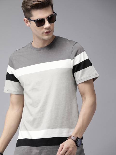 

The Roadster Lifestyle Co Men Grey Black Striped Pure Cotton T-shirt