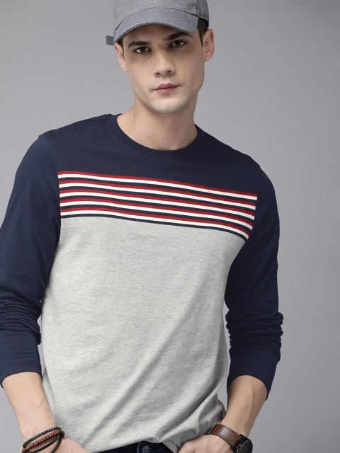 

Roadster Men Navy Blue Grey Melange Colourblocked Pure Cotton T-shirt