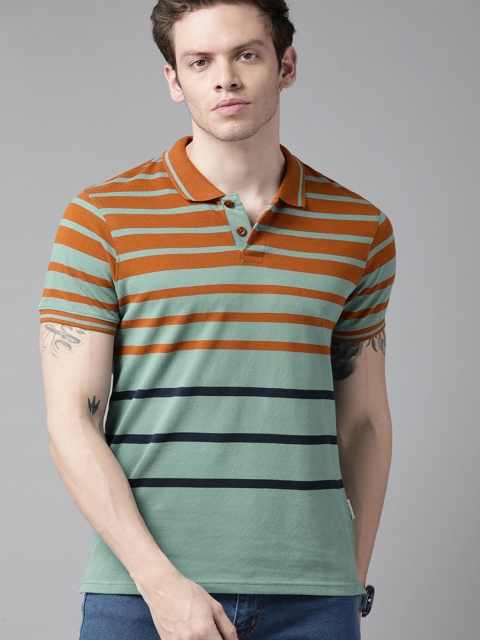 

Roadster Men Mustard Brown & Sea Green Striped Polo Collar Pure Cotton T-shirt