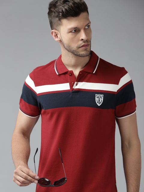 

Roadster Men Maroon & Navy Blue Striped Polo Collar Pure Cotton T-shirt