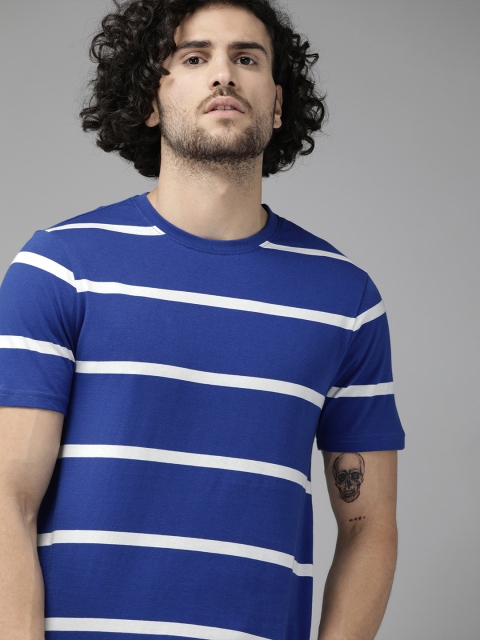 

The Roadster Lifestyle Co Men Blue White Striped Round Neck Pure Cotton T-shirt