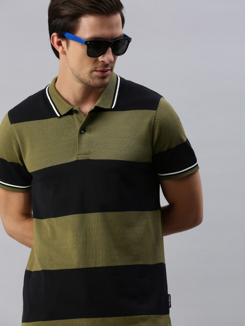 

The Roadster Lifestyle Co Men Olive Green Black Striped Polo Collar Pure Cotton T-shirt