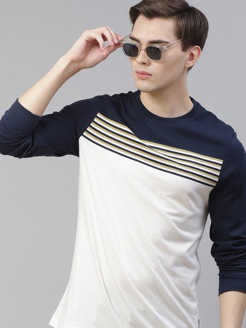 

Roadster Men Navy Blue & White Colourblocked Pure Cotton T-Shirt