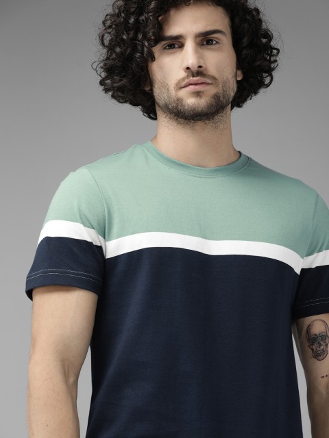 

Roadster Men Navy Blue & Sea Green Colourblocked Round Neck T-shirt