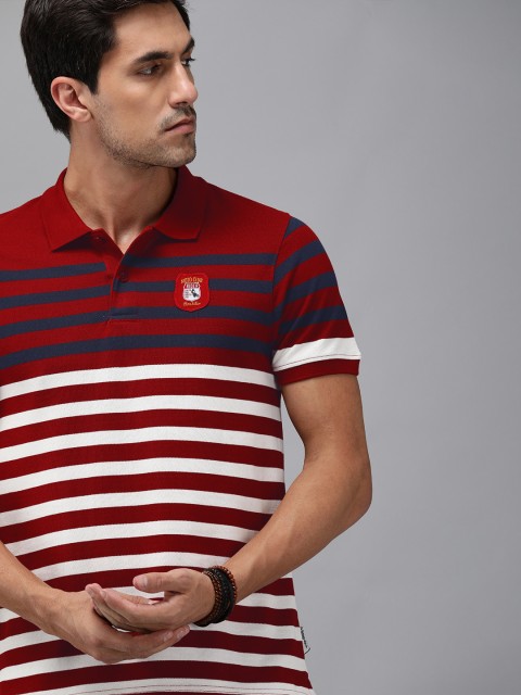 

The Roadster Lifestyle Co Men Red & White Striped Polo Collar T-shirt
