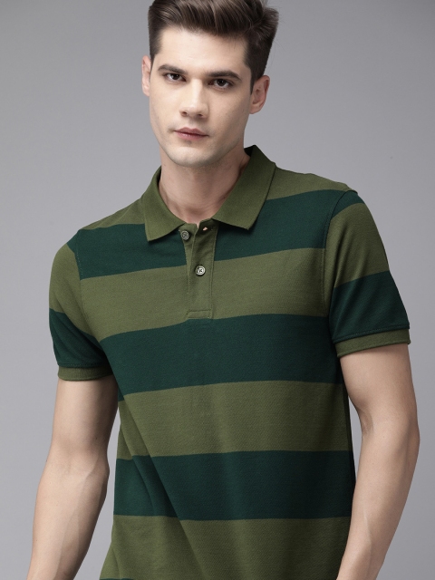 

The Roadster Lifestyle Co Men Olive Green Green Striped Polo Collar Pure Cotton T-shirt