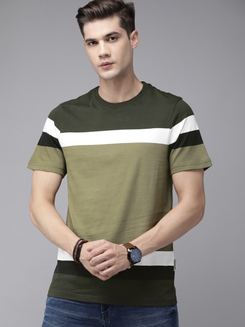 

Roadster Men Olive Green White Striped Pure Cotton T-shirt