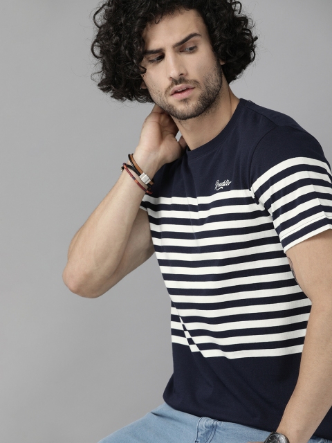 

The Roadster Lifestyle Co Men Navy Blue White Striped Round Neck Pure Cotton T-shirt