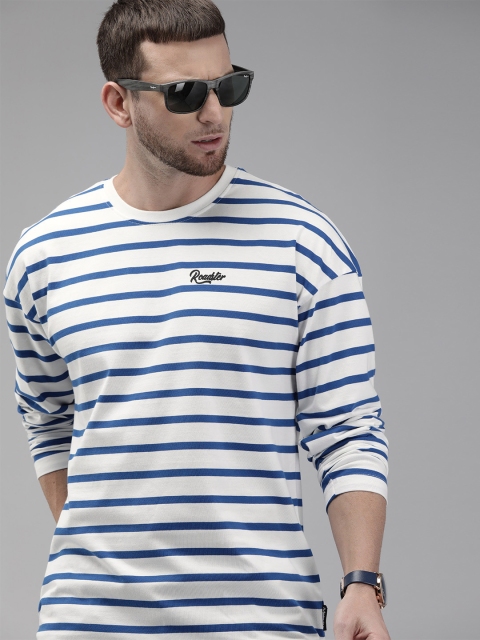 

The Roadster Lifestyle Co Men White & Blue Striped Round Neck T-shirt