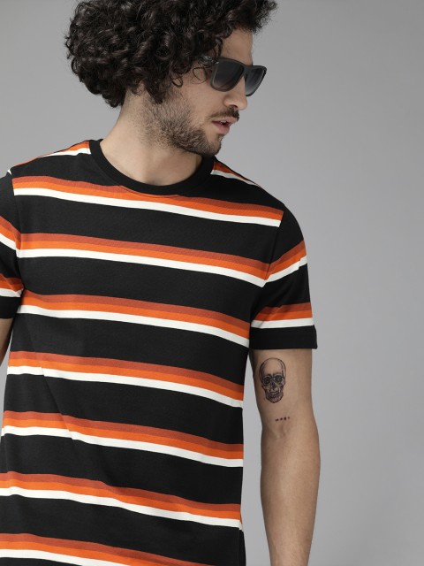 

Roadster Men Black & Orange Striped Round Neck T-shirt