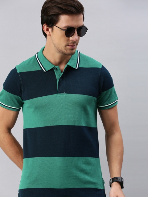 

Roadster Men Green Navy Blue Striped Polo Collar Pure Cotton T-shirt