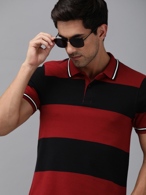 

The Roadster Lifestyle Co Men Red Striped Polo Collar T-shirt