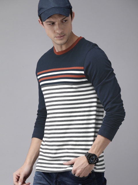 

The Roadster Lifestyle Co Men Navy Blue White Striped Pure Cotton T-shirt