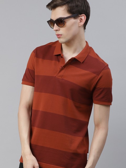 

The Roadster Lifestyle Co Men Rust Red & Maroon Striped Pure Cotton Polo Collar T-shirt
