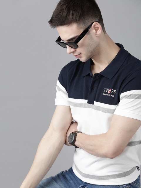 

Roadster Men White & Navy Blue Pure Cotton Colourblocked Polo Collar T-shirt