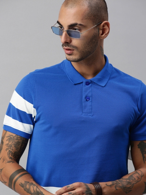 

The Roadster Lifestyle Co Men Blue White Striped Polo Collar Pure Cotton T-shirt