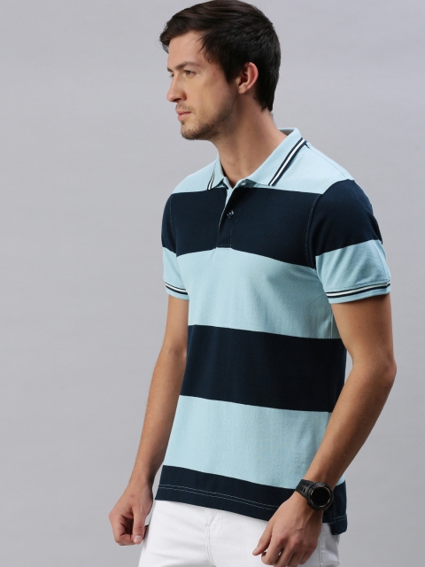 

The Roadster Lifestyle Co Men Navy Blue Striped Polo Collar Pure Cotton T-shirt