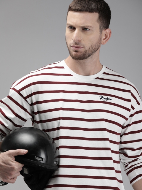 

The Roadster Lifestyle Co Men White Burgundy Striped Round Neck Pure Cotton T-shirt