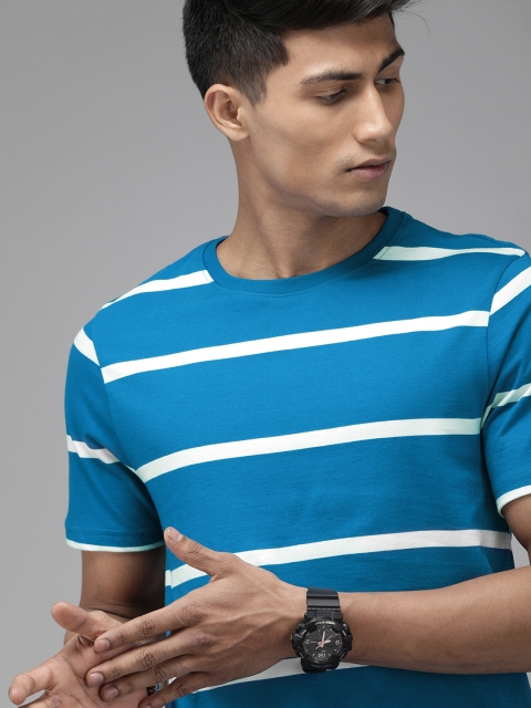 

The Roadster Lifestyle Co Men Blue White Striped Round Neck Pure Cotton T-shirt