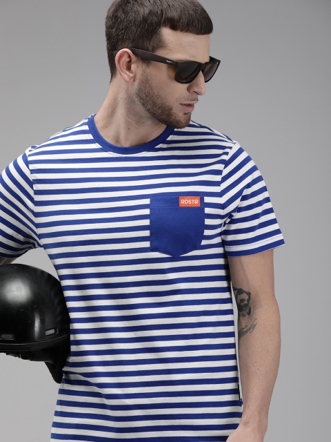 

Roadster Men Blue White Striped Round Neck Pure Cotton T-shirt With Patch Pocket