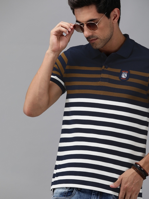 

The Roadster Lifestyle Co Men Navy Blue Striped Polo Collar Pure Cotton T-shirt
