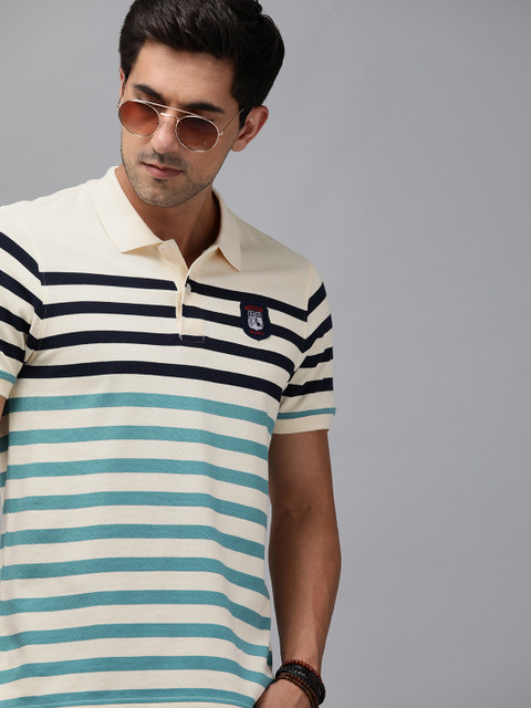 

The Roadster Lifestyle Co Men Cream-Coloured Striped Polo Collar Pure Cotton T-shirt