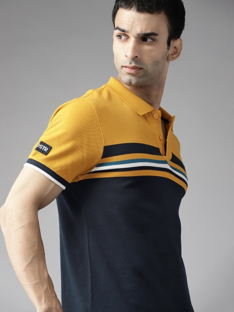 

The Roadster Lifestyle Co Men Mustard Yellow & Navy Blue Striped Polo Collar Pure Cotton T-shirt