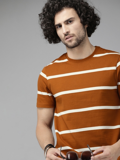 

The Roadster Lifestyle Co Men Rust White Striped Round Neck Pure Cotton T-shirt