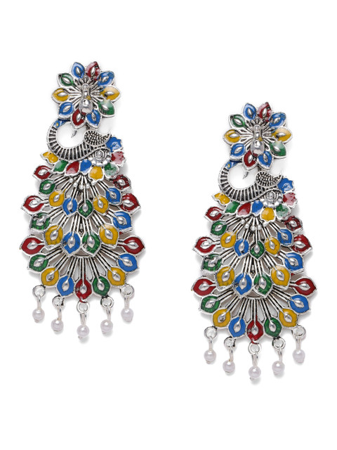 

Kord Store Silver-Plated Multicolored Meenakari Peacock Shaped Drop Earrings